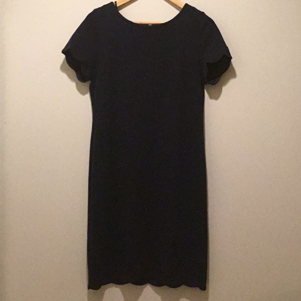 Talbots Navy Cotton Dress with Scalloped Sleeves & Hem.